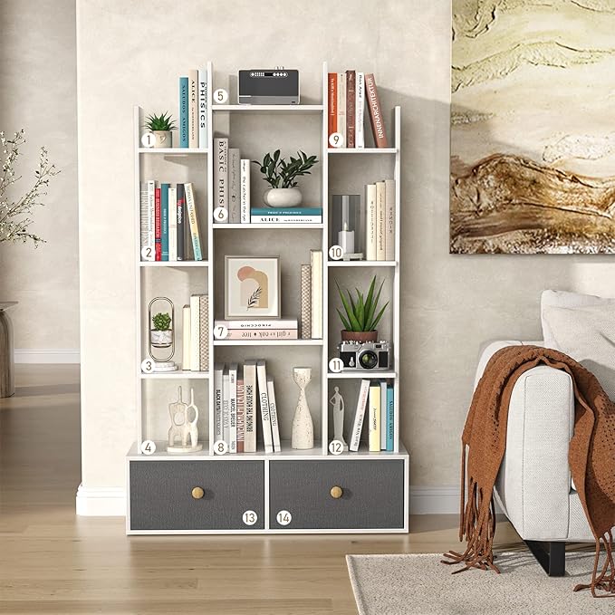 Unikito Bookshelf with 2 Drawers Free Standing Bookcase, Office Storage Shelf Organizer with 12 Open Bookshelves, Industrial Wood Book Case Display Rack for Bedroom, Living Room, Home Office, White - LeafyLoom