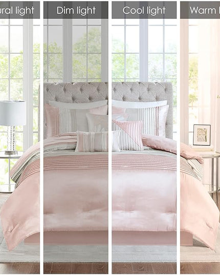 Madison Park Amherst Faux Silk Comforter Set-Casual Contemporary Design All Season Down Alternative Bedding, Matching Shams, Bedskirt, Decorative Pillows, Queen (90 in x 90 in), Blush/Taupe 7 Piece - LeafyLoom