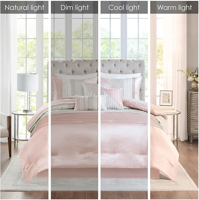 Madison Park Amherst Faux Silk Comforter Set-Casual Contemporary Design All Season Down Alternative Bedding, Matching Shams, Bedskirt, Decorative Pillows, Queen (90 in x 90 in), Blush/Taupe 7 Piece - LeafyLoom