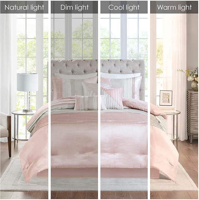 Madison Park Amherst Faux Silk Comforter Set - Casual Contemporary Design, All Season Down Alternative Bedding, Matching Shams, Bedskirt, Decorative Pillows, Blush/Taupe Cal King(104"x92") 7 Piece - LeafyLoom