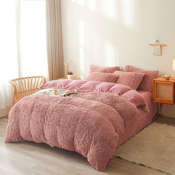Old Pink Plush Fluffy Comforter Cover Set Queen - Ultra Soft Faux Fur Old Pink Bedding Sets 3 Pieces (1 Fuzzy Duvet Cover + 2 Pillow case) Shaggy Bed Set (Old Pink, Queen) - LeafyLoom