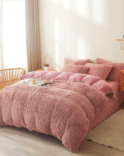 FOPPA Old Pink fluffy Comforter Cover Set king- Ultra Soft fluffy Old Pink Bedding Sets 3 Pieces (1 Duvet Cover + 2 Pillow case) Old Pink fluffy bed set (Old Pink, King) - LeafyLoom