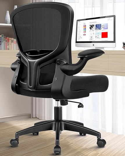 Office Chair, Ergonomic Desk Chair with Lumbar Support and Flip-up Armrest, Height Adjustable Mesh Swivel Computer Office Chair Black - LeafyLoom