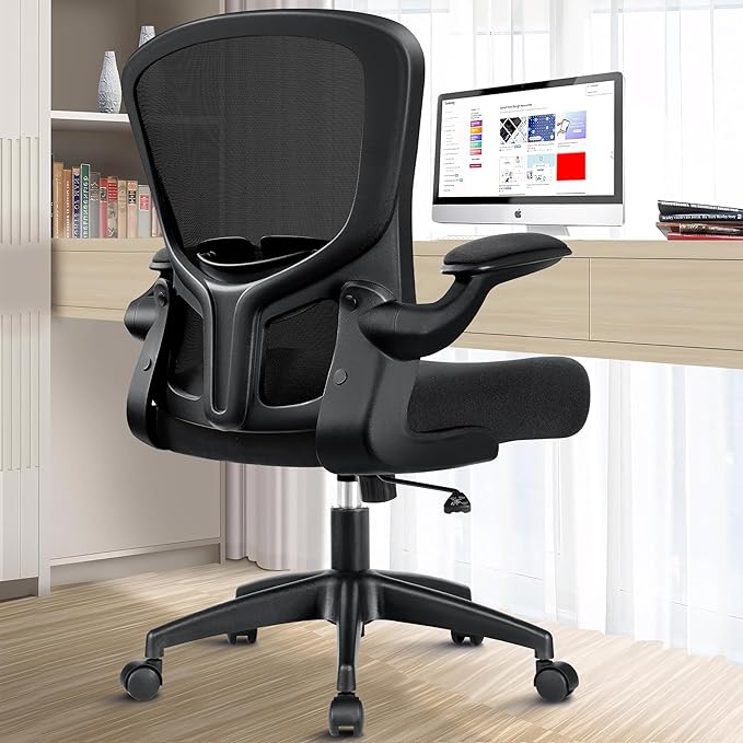 Office Chair, Ergonomic Desk Chair with Lumbar Support and Flip-up Armrest, Height Adjustable Mesh Swivel Computer Office Chair Black - LeafyLoom