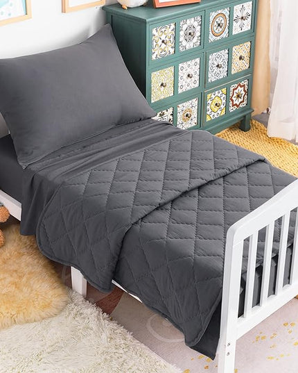 NTBAY Toddler Bedding Set - 4 Piece Soft and Breathable Crib Bedding Set for Boys and Girls, Includes Quilted Comforter, Fitted Sheet, Flat Top Sheet and Envelope Pillowcase, Dark Grey - LeafyLoom