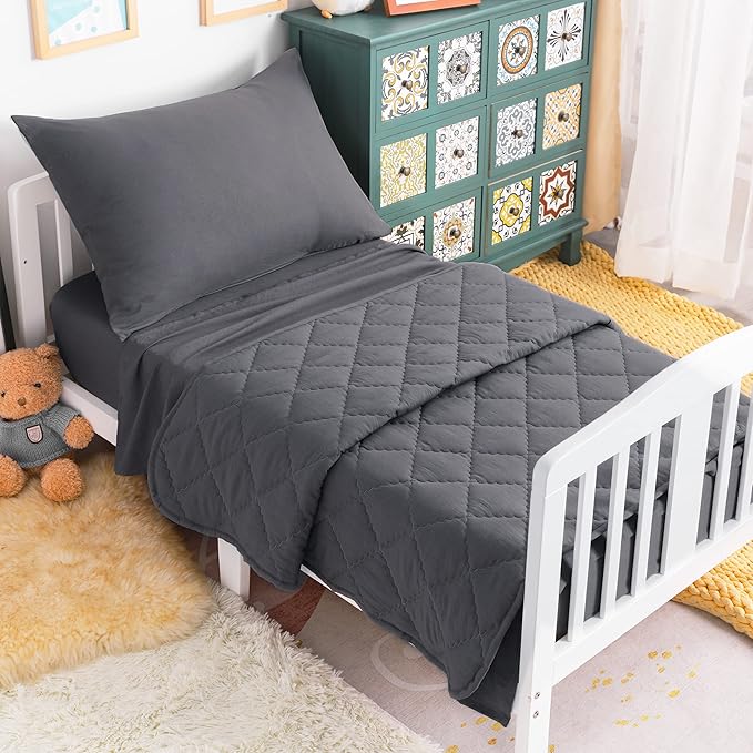 NTBAY Toddler Bedding Set - 4 Piece Soft and Breathable Crib Bedding Set for Boys and Girls, Includes Quilted Comforter, Fitted Sheet, Flat Top Sheet and Envelope Pillowcase, Dark Grey - LeafyLoom