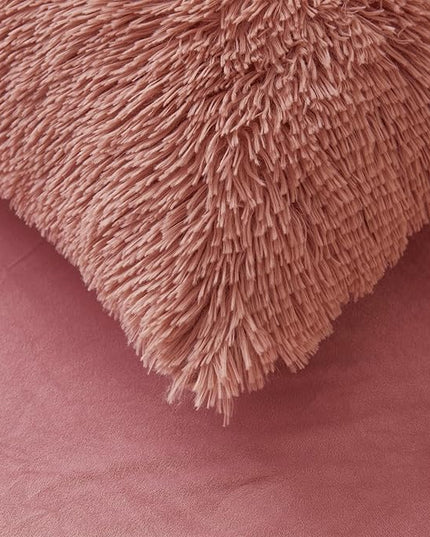 Old Pink Plush Fluffy Comforter Cover Set Queen - Ultra Soft Faux Fur Old Pink Bedding Sets 3 Pieces (1 Fuzzy Duvet Cover + 2 Pillow case) Shaggy Bed Set (Old Pink, Queen) - LeafyLoom