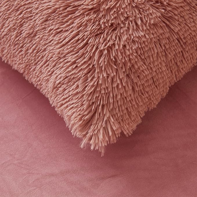 Old Pink Plush Fluffy Comforter Cover Set Queen - Ultra Soft Faux Fur Old Pink Bedding Sets 3 Pieces (1 Fuzzy Duvet Cover + 2 Pillow case) Shaggy Bed Set (Old Pink, Queen) - LeafyLoom
