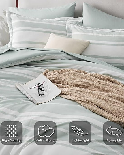 Bedsure Bed in a Bag King Size 7 Pieces, Sage Green White Striped Bedding Comforter Sets All Season Bed Set, 2 Pillow Shams, Flat Sheet, Fitted Sheet and 2 Pillowcases - LeafyLoom