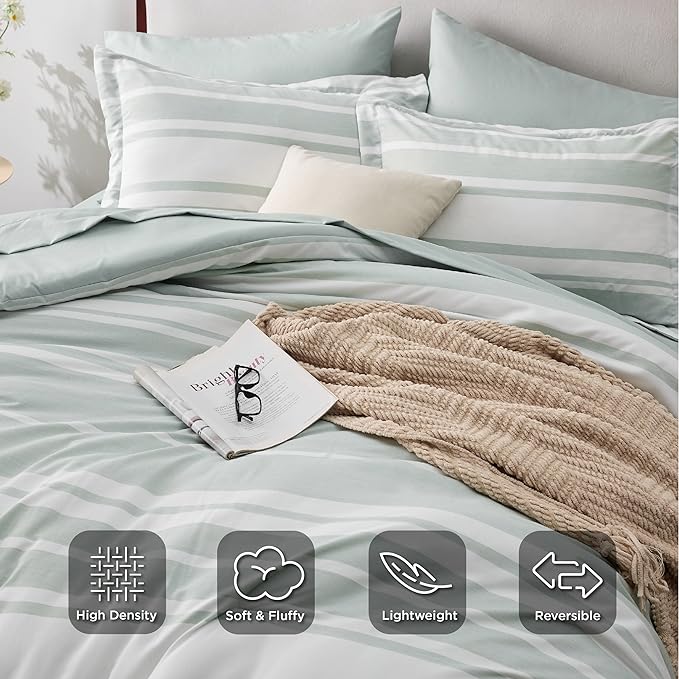 Bedsure Bed in a Bag Twin Size 5 Pieces, Sage Green White Striped Bedding Comforter Sets All Season Bed Set with 1 Pillow Sham, Flat Sheet, Fitted Sheet and 1 Pillowcase - LeafyLoom