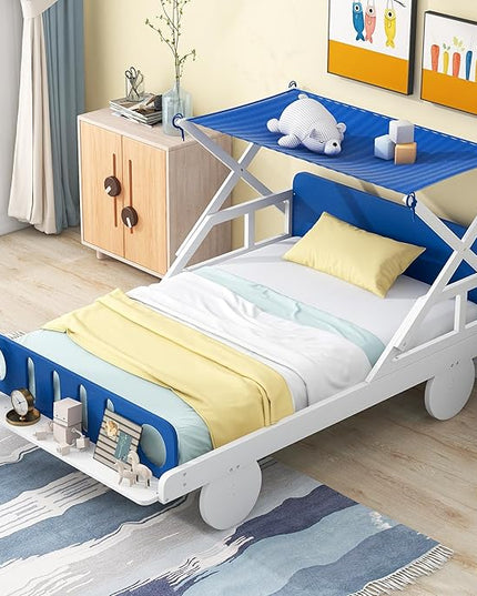 Twin Size Car Bed with Ceiling Cloth,Wooden Car-Shaped Bedframe W/Headboard & Footboard,No Box Spring Required,Fun Play for Boys Kids Toddlers Child's Bedroom,White - LeafyLoom