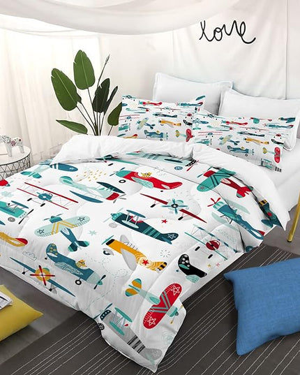 Kids Airplane Comforter Set Twin Size Colorful Cartoon propeller plane Bedding Set Kids Boys Teens Young Man Cartoon Airplanes Down Comforter Aviation Theme Duvet Bedroom Decor - LeafyLoom