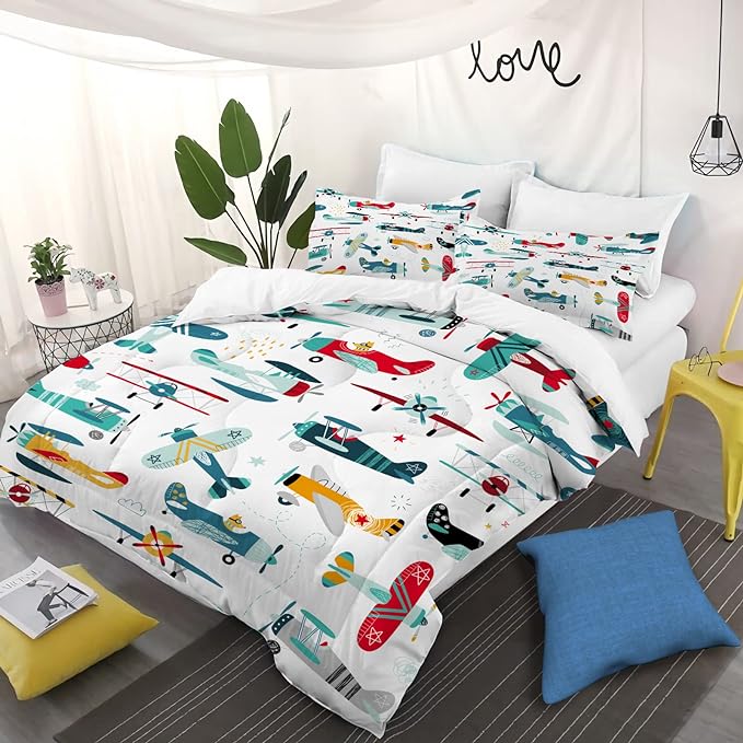 Kids Airplane Comforter Set Twin Size Colorful Cartoon propeller plane Bedding Set Kids Boys Teens Young Man Cartoon Airplanes Down Comforter Aviation Theme Duvet Bedroom Decor - LeafyLoom