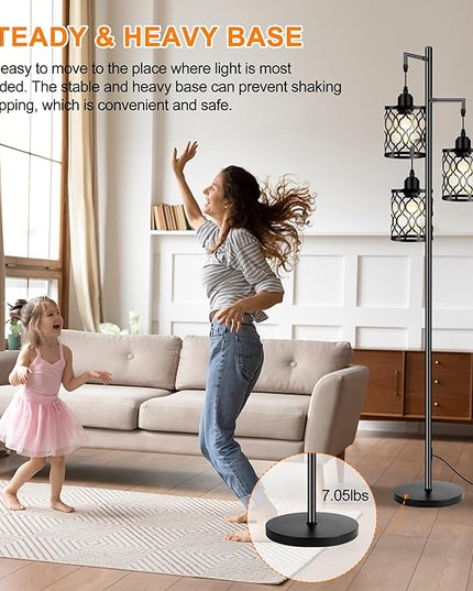 Industrial Floor Lamp, Metal Farmhouse Floor Lamp for Living Room, Rustic Standing Tall Lamp with 3 Elegant Cage Heads, Tree Floor Lamp for Bedrooms, Home Office, Bar, 68", Black, Bulb Not Included - LeafyLoom