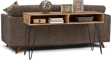 SIMPLIHOME Hunter SOLID WOOD and Metal 55 inch Wide Mid Century Modern Console Sofa Entryway Table in Natural with Storage, 2 Shelves, for the Living Room, Entryway and Bedroom - LeafyLoom