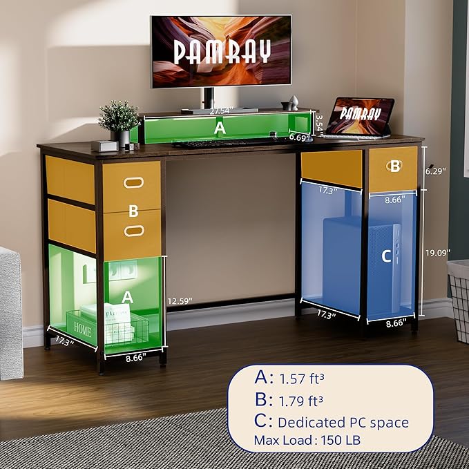 Pamray 55 Inch Computer Desk with Non-woven Storage Drawers and Monitor Stand Home Office Desk for Bedroom Study Table Writing and Work Desk Black - LeafyLoom