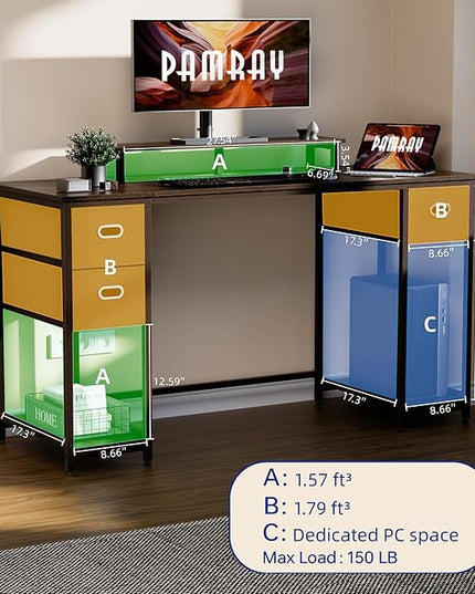 Pamray 55 Inch Computer Desk with Non-woven Storage Drawers and Monitor Stand Home Office Desk for Bedroom Study Table Writing and Work Desk Vintage - LeafyLoom