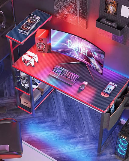 Bestier Gaming Desk with LED Lights, 44 Inch PC Gamer Desk for Small Spaces, Computer Desk with Reversible Storage Shelves & Side Storage Bag (Black 3D Carbon Fiber) - LeafyLoom