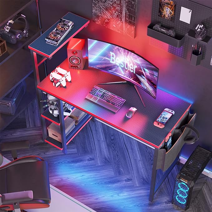 Bestier Gaming Desk with LED Lights, 44 Inch PC Gamer Desk for Small Spaces, Computer Desk with Reversible Storage Shelves & Side Storage Bag (Black 3D Carbon Fiber) - LeafyLoom
