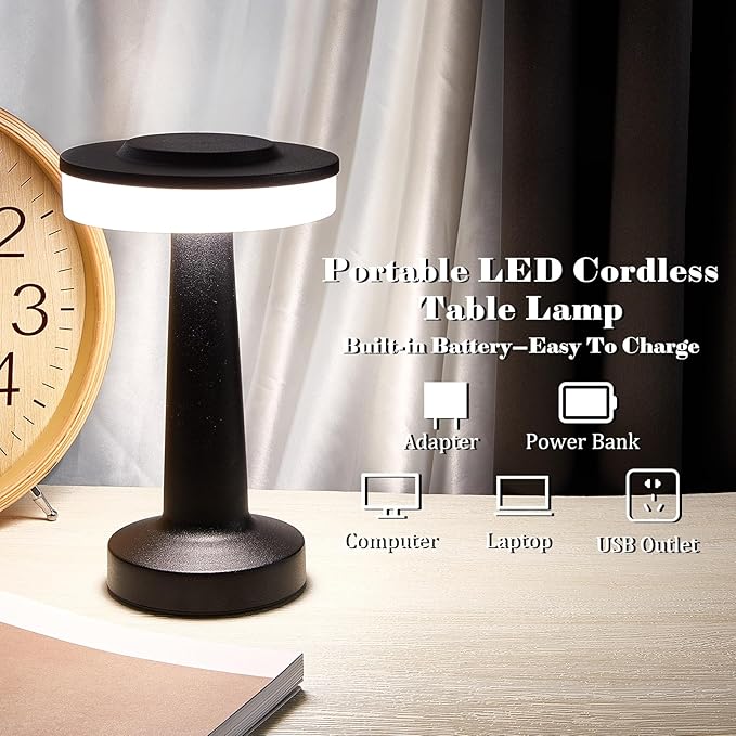 Set of 8 LED Portable Cordless Table Lamp with Touch Sensor 3 Color Stepless Dimming Rechargeable Battery up to 15 Hours Cordless Lamp Table Light Wireless Lamp for Kids Nursery (Black) - LeafyLoom