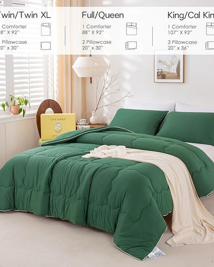 COTTEBED Forest Green Comforter Queen Size, Jersey Knit Cotton T-Shirt Feel Ultra-Soft Cute Cozy Lightweight Bedding Blanket Quilt Down Set & Pillowcase All Season Use Emerald Hunter Green,Full/Queen - LeafyLoom