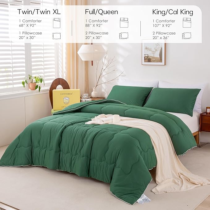 COTTEBED Forest Green Comforter Queen Size, Jersey Knit Cotton T-Shirt Feel Ultra-Soft Cute Cozy Lightweight Bedding Blanket Quilt Down Set & Pillowcase All Season Use Emerald Hunter Green,Full/Queen - LeafyLoom