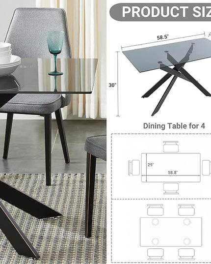 Modern Style Dining Table with Tempered Glass Top and Metal Tubular Legs, 58.5”Lx29”Wx30”H, Black - LeafyLoom
