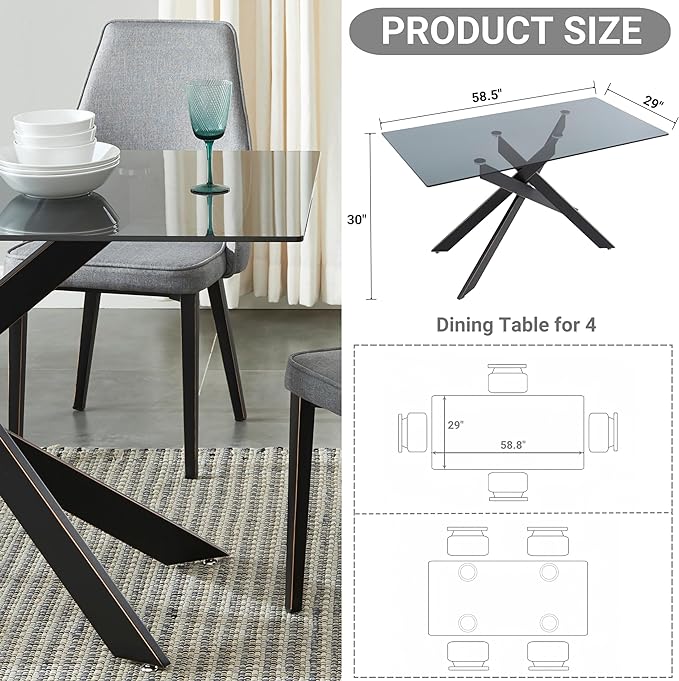 Modern Style Dining Table with Tempered Glass Top and Metal Tubular Legs, 58.5”Lx29”Wx30”H, Black - LeafyLoom
