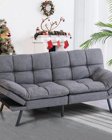 Futon Bed/Couch,Grey Polyester Memory Foam Small Splitback, Easy-Convert Backrests&Armrests,Stain-Resistant Fabric Sofas, 71x33x31.5 - LeafyLoom