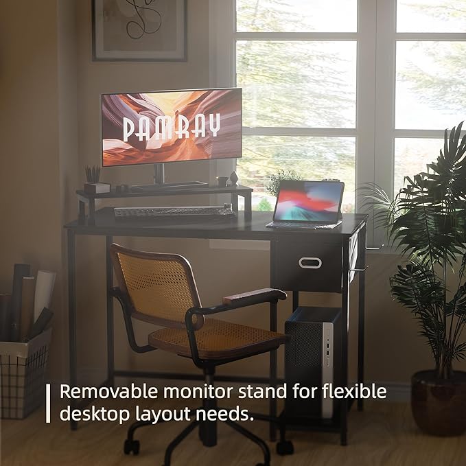 Pamray 39 Inch Computer Desk with Monitor Stand Small Home Office Desks with Non-woven Storage Drawer for Bedroom Study Table Writing and Work Desk White Marble - LeafyLoom