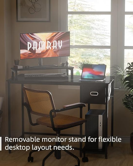 Pamray 39 Inch Computer Desk with Monitor Stand Small Home Office Desks with Non-Woven Storage Drawer for Bedroom Study Table Writing and Work Desk Walnut - LeafyLoom
