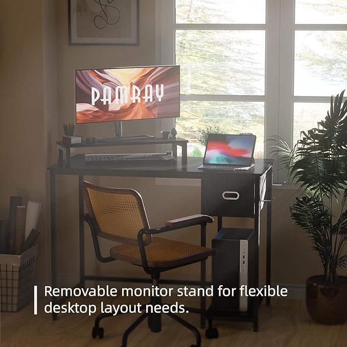 Pamray 39 Inch Computer Desk with Monitor Stand Small Home Office Desks with Non-Woven Storage Drawer for Bedroom Study Table Writing and Work Desk Pink,Gray Leg - LeafyLoom
