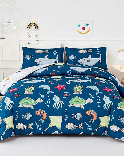 WINLIFE Shark Twin Comforter Set for Boys Blue Ocean Theme Printed Bedding Set, Super Soft and Easy Wash Reversible Kids Bed Set 1 Comforter 2 Pillowcases (3-Pieces, Twin) - LeafyLoom