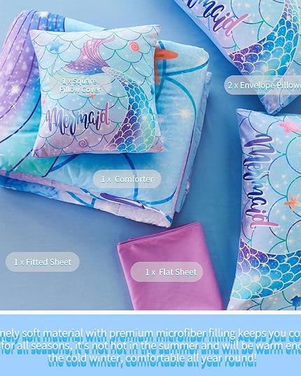 RYNGHIPY 6Pcs Mermaid Tail Comforter Set for Kids Girls, Mermaid Fish Scale Bed in a Bag Queen Size, Sparkle Teal Purple Rainbow Bedroom Decor Bedding Set - LeafyLoom
