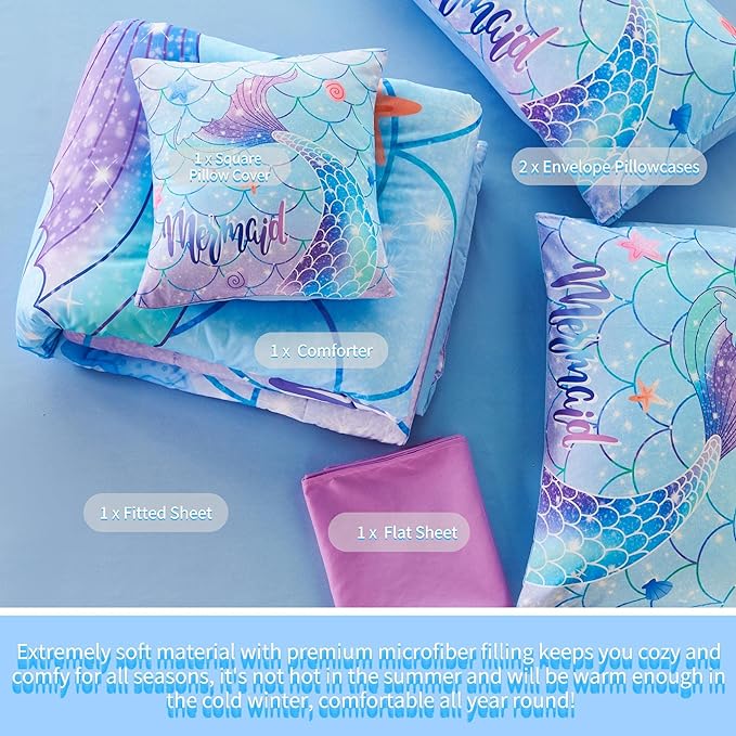 RYNGHIPY 6Pcs Mermaid Tail Comforter Set for Kids Girls, Mermaid Fish Scale Bed in a Bag Twin Size, Sparkle Teal Purple Rainbow Bedroom Decor Bedding Set - LeafyLoom