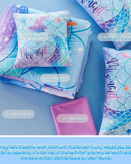 RYNGHIPY 6Pcs Mermaid Tail Comforter Set for Teens Girls Women, Mermaid Fish Scale Bed in a Bag Full Size, Sparkle Teal Purple Rainbow Bedroom Decor Bedding Set - LeafyLoom