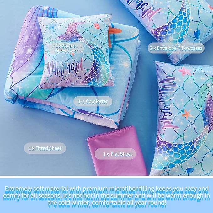 RYNGHIPY 6Pcs Mermaid Tail Comforter Set for Teens Girls Women, Mermaid Fish Scale Bed in a Bag Full Size, Sparkle Teal Purple Rainbow Bedroom Decor Bedding Set - LeafyLoom