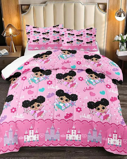 Black Girl Comforter Set, Pink Girls Queen Comforter Set 3 Piece Cute Pattern African American Black Girls Comforter Set Decor Kids Girls Teens Bedroom with 1 Comforter 2 Pillowcases - LeafyLoom