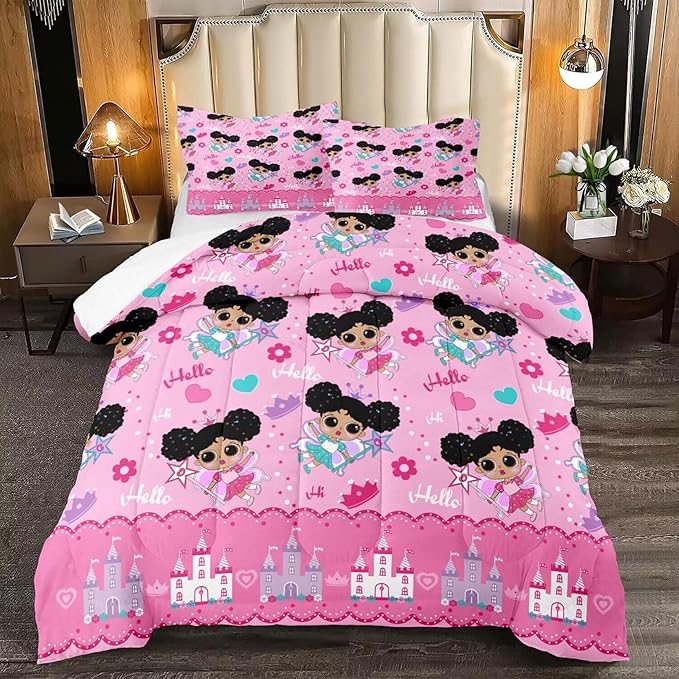 Black Girl Comforter Set, Pink Girls Queen Comforter Set 3 Piece Cute Pattern African American Black Girls Comforter Set Decor Kids Girls Teens Bedroom with 1 Comforter 2 Pillowcases - LeafyLoom