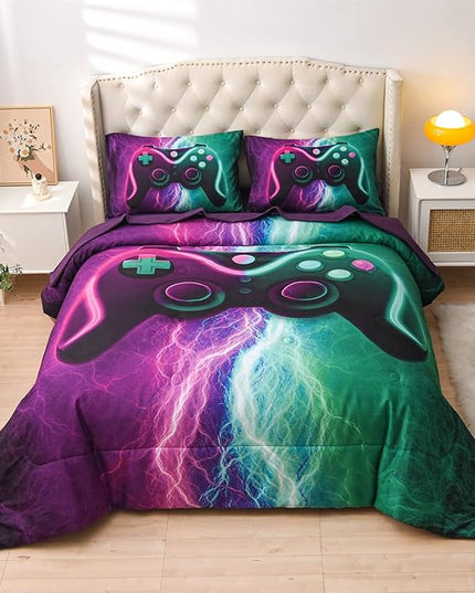Meeting Story Gamer Gaming Bedding Sets Black Pink Lightnings Gamepad Comforter Set for Boys Games Console Action Buttons Novelty Colorful Modern Room Decor Home Quilt Set (Green-Purple, Twin 5Pcs) - LeafyLoom