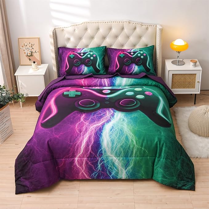 Meeting Story Gamer Gaming Bedding Sets Black Pink Lightnings Gamepad Comforter Set for Boys Games Console Action Buttons Novelty Colorful Modern Room Decor Home Quilt Set (Green-Purple, Twin 5Pcs) - LeafyLoom