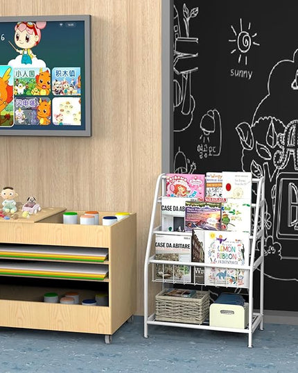 Kids Bookshelf Freestanding for Children Room 18 Inches Small White Metal Bookcase Large Capacity Books Toys Organizer Stable 5 Tiers Kids Book Rack for Playroom Bookstore Library - LeafyLoom