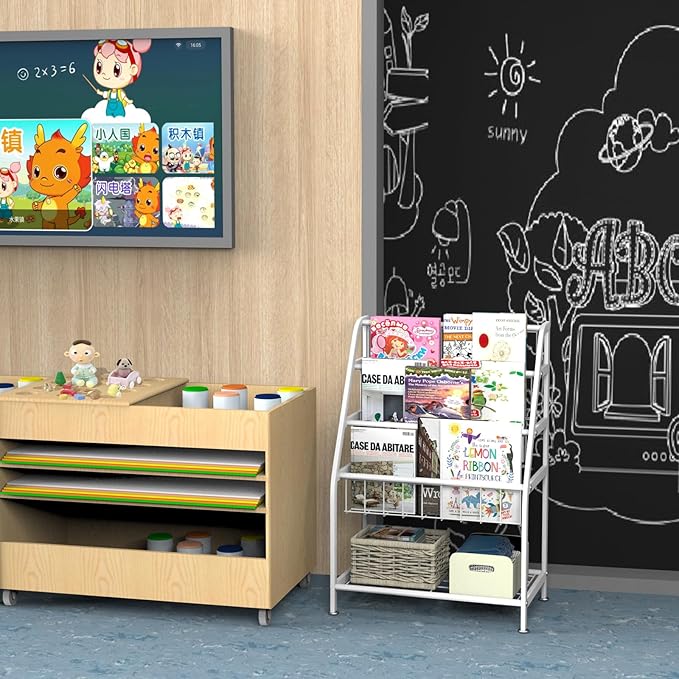 Kids Bookshelf Freestanding for Children Room 18 Inches Small White Metal Bookcase Large Capacity Books Toys Organizer Stable 5 Tiers Kids Book Rack for Playroom Bookstore Library - LeafyLoom
