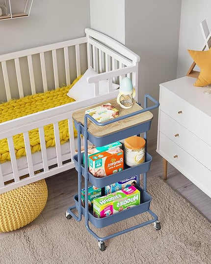 DTK 3 Tier Utility Cart with Cover Board, Rolling Cart with Lockable Wheels, Cups, Hooks for Home Office, Art Craft Storage, Home School Organization and More Uses(Blue) - LeafyLoom