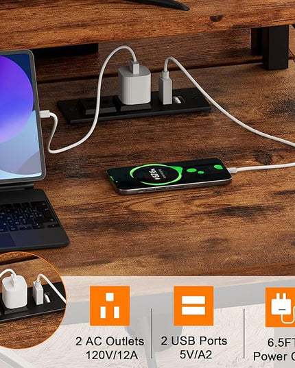 Furologee Desk with Power Outlets and LED Lights, 47" Computer Office Desk with Shelves and Fabric Drawer, Reversible Gaming Study Table with Monitor Stand and Hooks, Rustic Brown - LeafyLoom