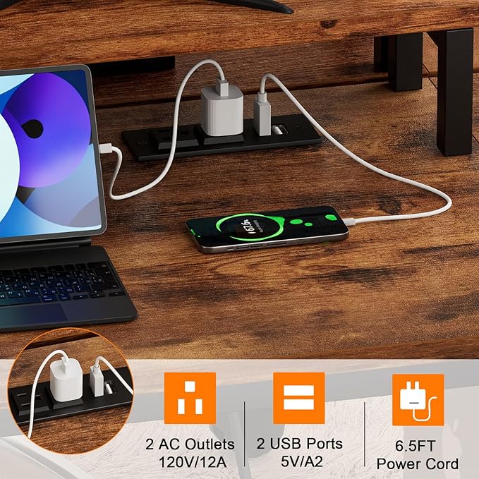 Furologee Computer Desk with Charging Station and LED Lights, 55" Office Gaming Desk with Adjustable Shelves and Fabric Drawer, Study Table with Monitor Stand and Hooks, Rustic Brown - LeafyLoom