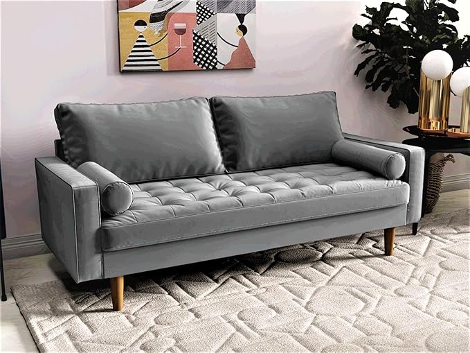 S5457 Mid Century Modern Velvet Upholstered Tufted Living Room Sofa, 69.68", Grey - LeafyLoom