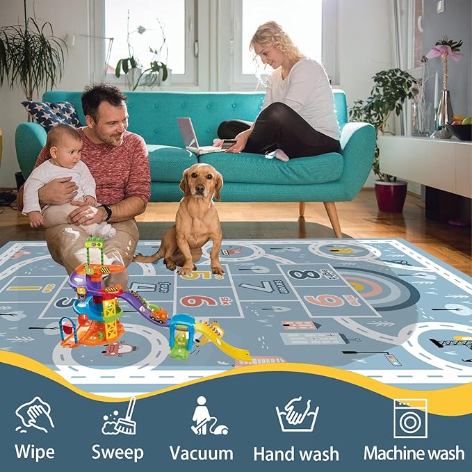 Kids Rug Play Mat, Car Rug, Hopscotch Rug, Hopscotch Mat for Kids, Can Be Used to Play with Cars Kids Carpet Play Mat,(Blue,120×180cm/47×71IN) - LeafyLoom