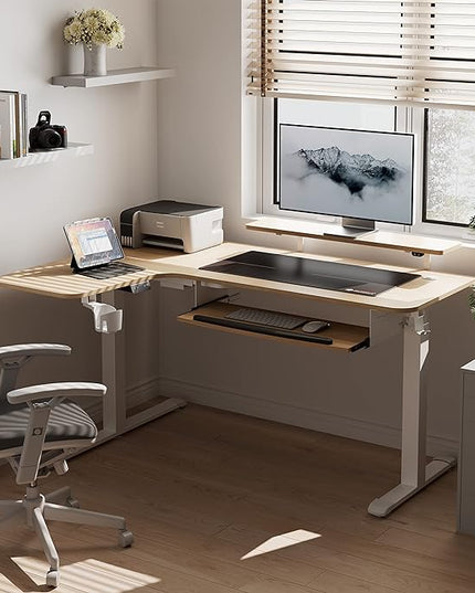 EUREKA ERGONOMIC Standing Desk Adjustable Height 61" Electric Sit Stand Computer Desk L Shaped with Keyboard Tray,Monitor Stand &LED, Dual Motor Memory Presets Sit to Desk Adjustable Desk, Left/Maple - LeafyLoom