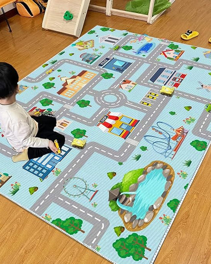 Kids Car Rug,4x6 City Life Traffic Road Playmat for Toy Cars Trains, Non-Slip Race Track Carpet Educational Fun Area Rugs for Boy and Girl Bedroom Nursery - LeafyLoom